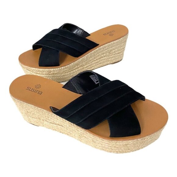 Susina Black Suede Leather Summer Comfort Wedges Platform Espadrille Sandals, 9 - Picture 4 of 11